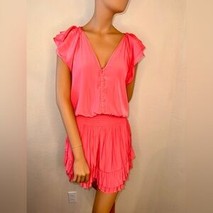 Ramy Brook Smocked Mini Dress Pink Ruffle Flutter Sleeve Button Front Blouson S